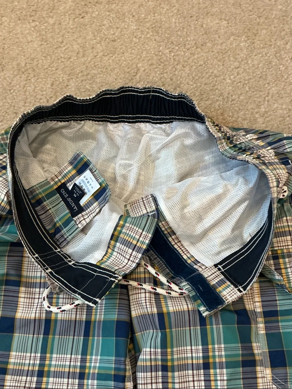 Lands' End Men's Plaid Swim Board Shorts in Teal, Navy & White - Size M 32-34
